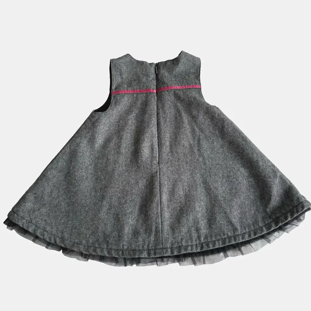 Y2K Girls Gymboree Gray Wool Blend Jumper Dress City France Pink Twirl Sz 6-12M